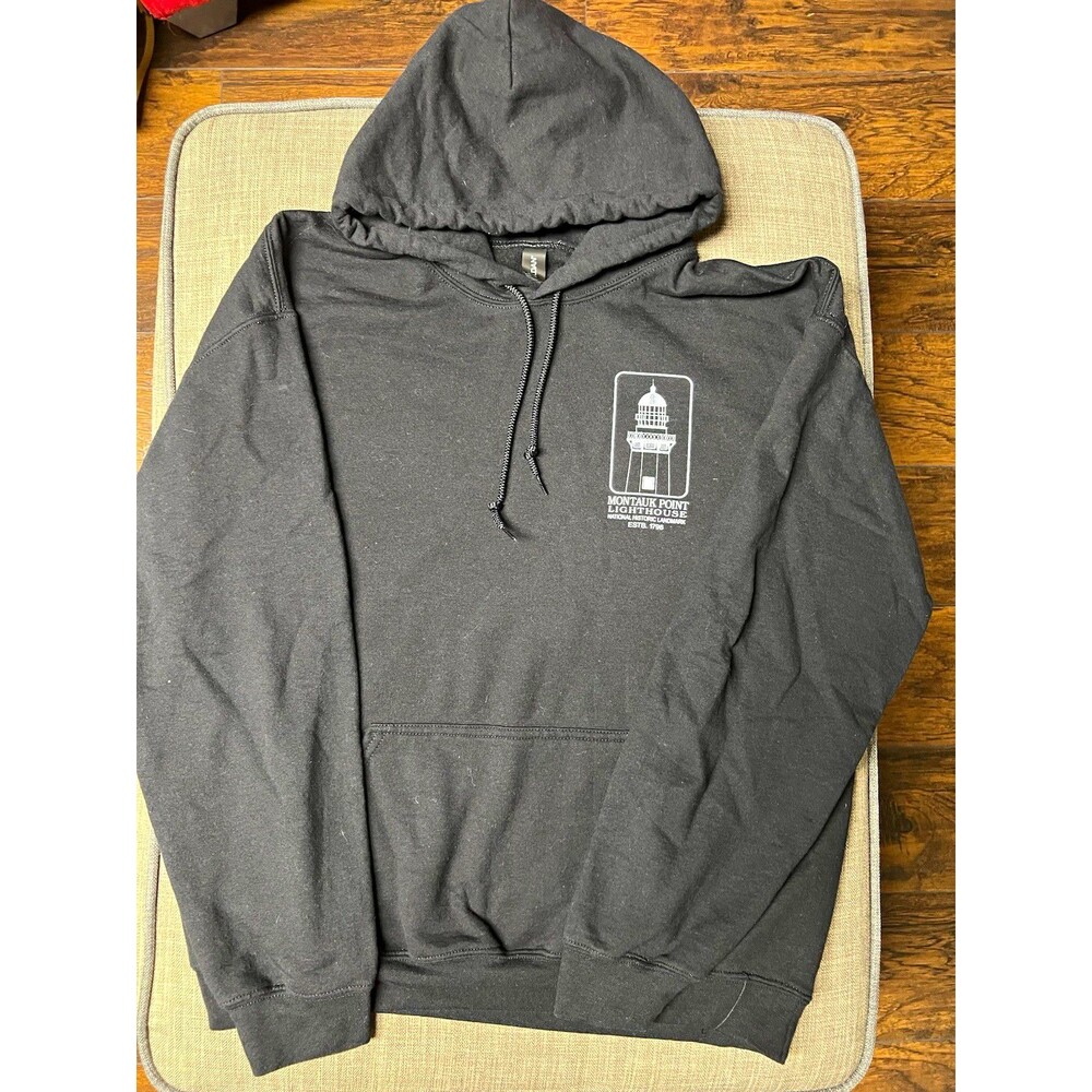 Montauk Point Lighthouse Black Blueprint Graphic Hoodie Size L